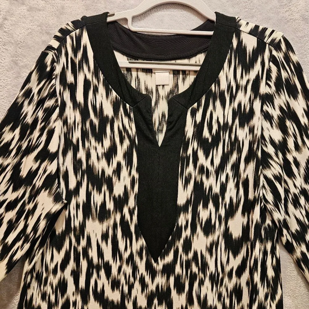 Chico's Size 3 Tunic Womens 16 Black White  Animal Print Stretchy Flowy Career - Picture 8 of 11